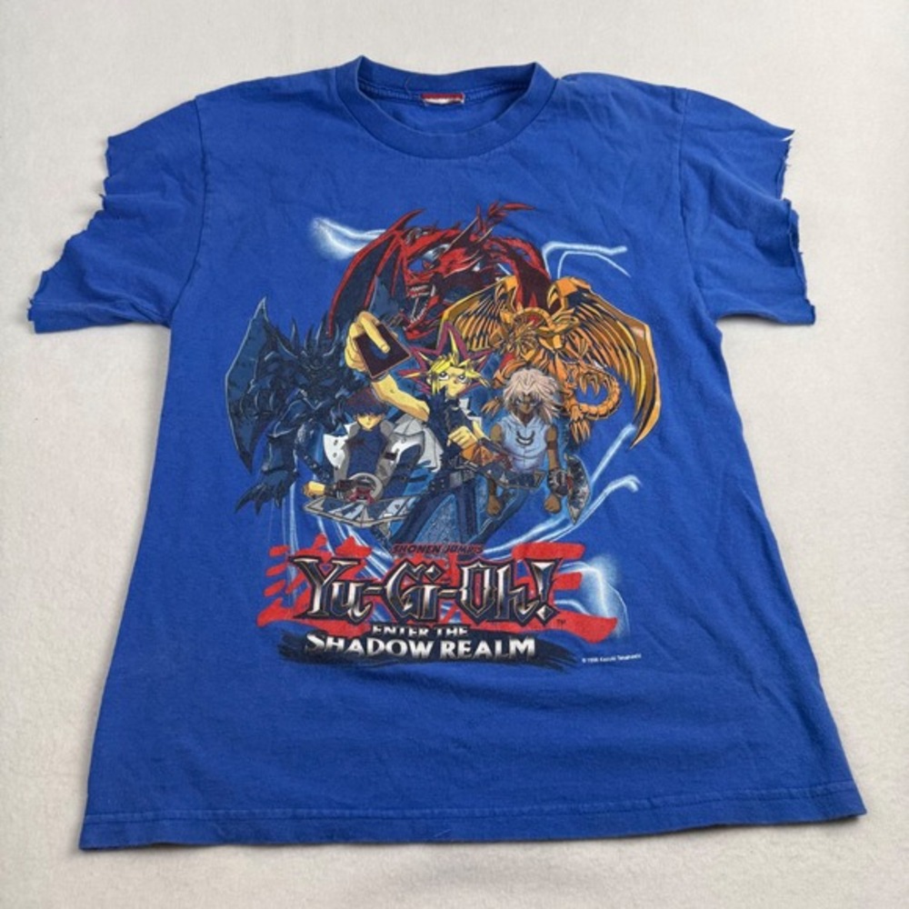 1996 Vintage Yu-Gi-Oh Enter the Shadow Realm Blue Graphic Tee Distressed Kids‎ L